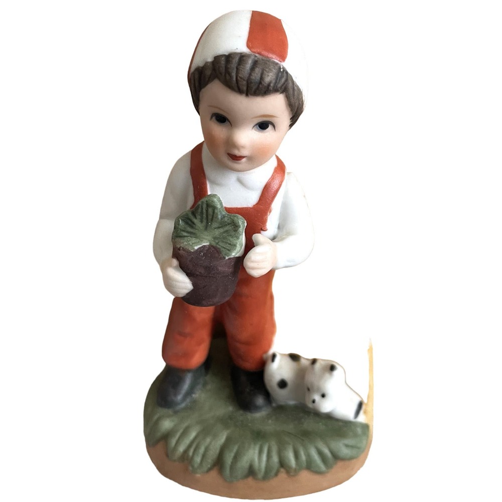 1980's hand painted porcelain little boy holding flower pot-accompanied by puppy